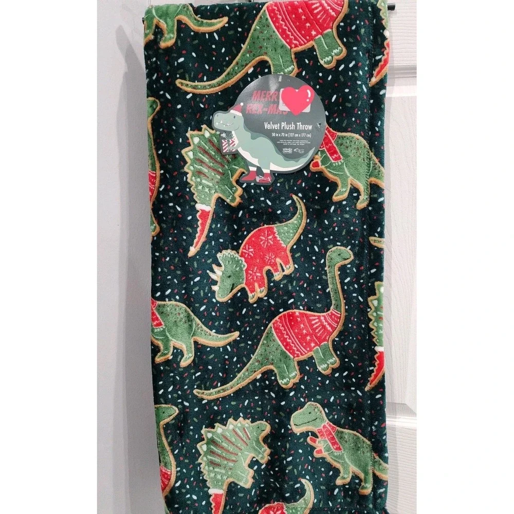Christmas Holiday Merry Rex-mas Dinosaur Dino Sugar Cookie Plush Throw Blanket